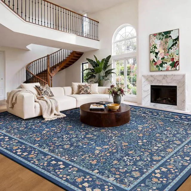 Alt view image 2 of 7 - AMADA HOMEFURNISHING 8x10 Washable Area Rugs for Living Room, Non-Slip & Low-Profile Floral Large Area Rug with Durable Edge Binding, Soft Rugs for Living Room, Bedroom, Dining Room