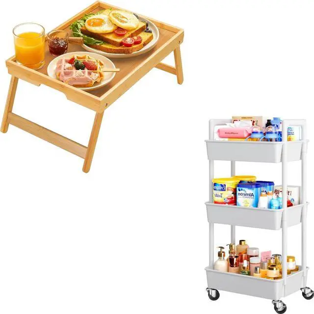 Main image of Bamboo Bed Tray Table with Foldable Legs & Pipishell 3 Tier Rolling Cart Organizer