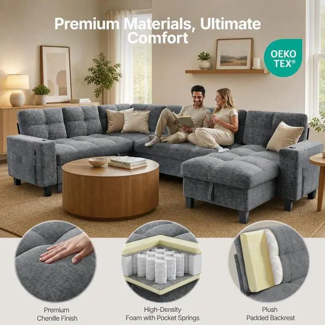 Alt view image 7 of 7 - Pipishell 110 Inch Sectional Sleeper Sofa, Modular Sectional Sofa with Pull Out Bed, Storage, USB Ports & Cup Holders, Sectional Couches for Living Room, 7 Seat Chenille Cloud Couch, Light Gray