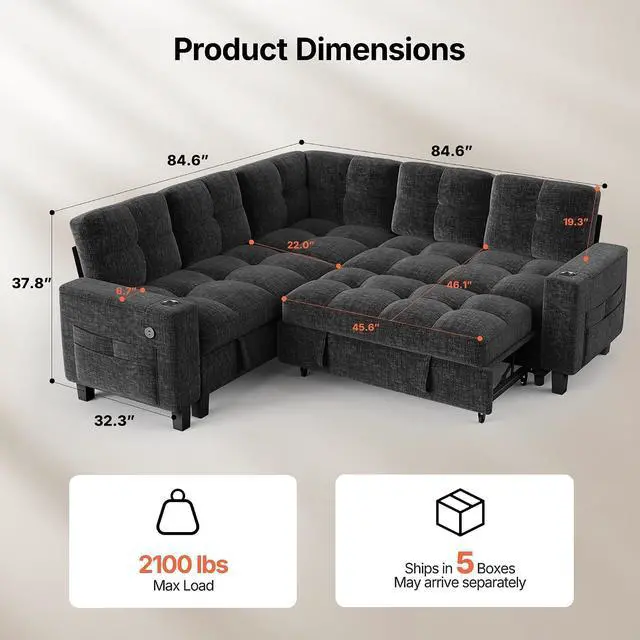 Alt view image 2 of 7 - AMADA HOMEFURNISHING 85 Modular Sectional Sleeper Sofa with Pull Out Couch, U Shaped 5 Seat Sectional Sofa with Storage, USB Ports & Cup Holders, Chenille Cloud Couches for Living Room, Dark Grey