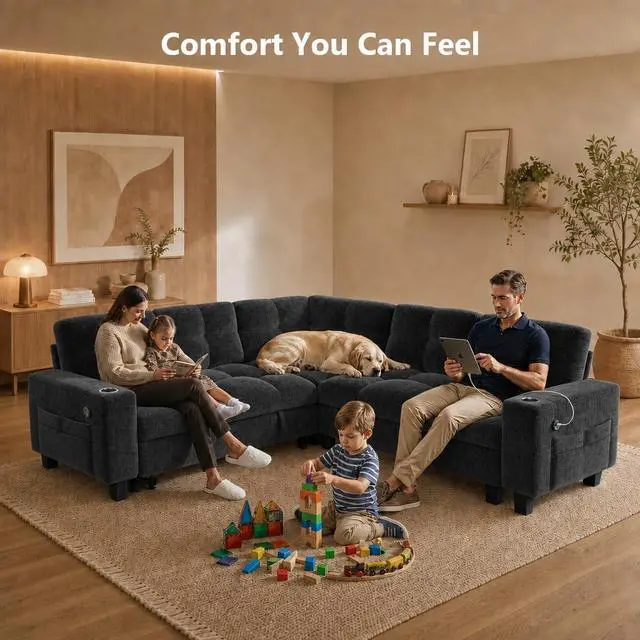 Alt view image 2 of 7 - Pipishell 85 Inch Sectional Sleeper Sofa, Modular Sectional Sofa with Pull Out Bed, Storage, USB Ports & Cup Holders, Sectional Couches for Living Room, 5 Seat Chenille Cloud Couch, Dark Grey