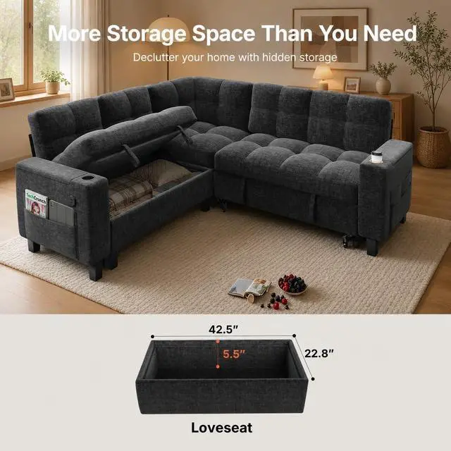 Alt view image 4 of 7 - Pipishell 85 Inch Sectional Sleeper Sofa, Modular Sectional Sofa with Pull Out Bed, Storage, USB Ports & Cup Holders, Sectional Couches for Living Room, 5 Seat Chenille Cloud Couch, Dark Grey