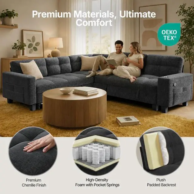 Alt view image 6 of 7 - Pipishell 85 Inch Sectional Sleeper Sofa, Modular Sectional Sofa with Pull Out Bed, Storage, USB Ports & Cup Holders, Sectional Couches for Living Room, 5 Seat Chenille Cloud Couch, Dark Grey