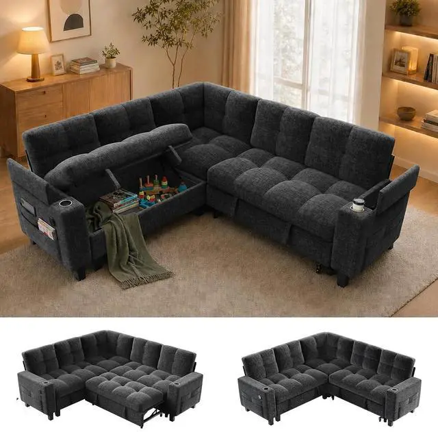Main image of Pipishell 85 Inch Sectional Sleeper Sofa, Modular Sectional Sofa with Pull Out Bed, Storage, USB Ports & Cup Holders, Sectional Couches for Living Room, 5 Seat Chenille Cloud Couch, Dark Grey