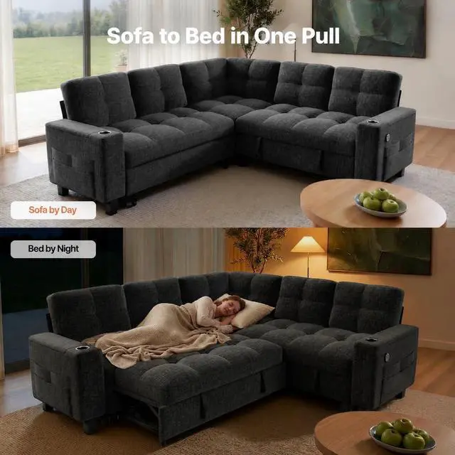 Alt view image 7 of 7 - Pipishell 85 Inch Sectional Sleeper Sofa, Modular Sectional Sofa with Pull Out Bed, Storage, USB Ports & Cup Holders, Sectional Couches for Living Room, 5 Seat Chenille Cloud Couch, Dark Grey