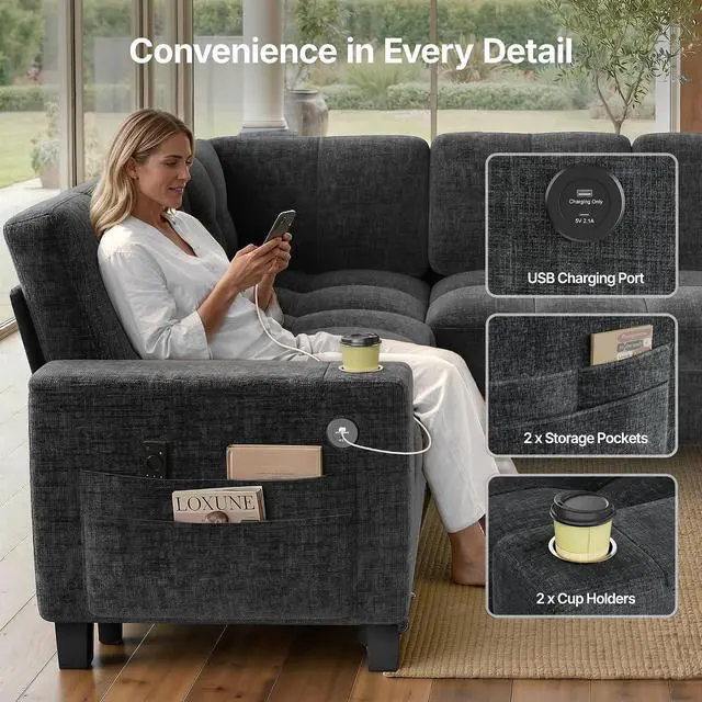 Alt view image 5 of 7 - Pipishell 85 Inch Sectional Sleeper Sofa, Modular Sectional Sofa with Pull Out Bed, Storage, USB Ports & Cup Holders, Sectional Couches for Living Room, 5 Seat Chenille Cloud Couch, Dark Grey