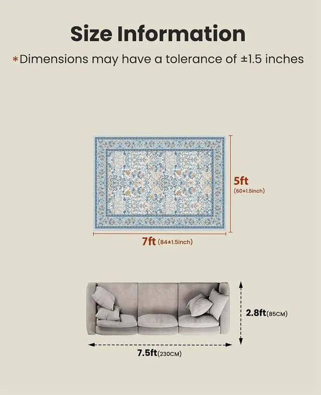 Alt view image 2 of 7 - AMADA HOMEFURNISHING 5x7 Area Rug, Washable Living Room Rug with Non-Slip Backing, Low Pile and Durable Edge Binding, Vintage Soft Floral Rugs for Living Room, Bedroom, Dining Room
