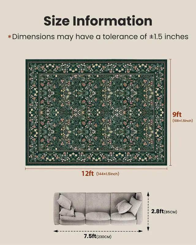 Alt view image 2 of 7 - AMADA HOMEFURNISHING Large Area Rugs 9x12, Washable Floral Rug with Non-Slip Backing & Low Pile, Durable Edge Biding, Vintage Soft Floral Rug for Living Room, Bedroom and Dining Room