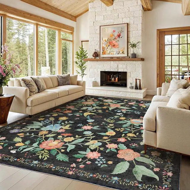 Main image of Amada 8x10 Area Rugs, Non-Slip & Low-Profile Large Area Rug with Reinforced Edge Binding, Washable Soft Boho Floral Rugs for Living Room, Bedroom, Dining Room