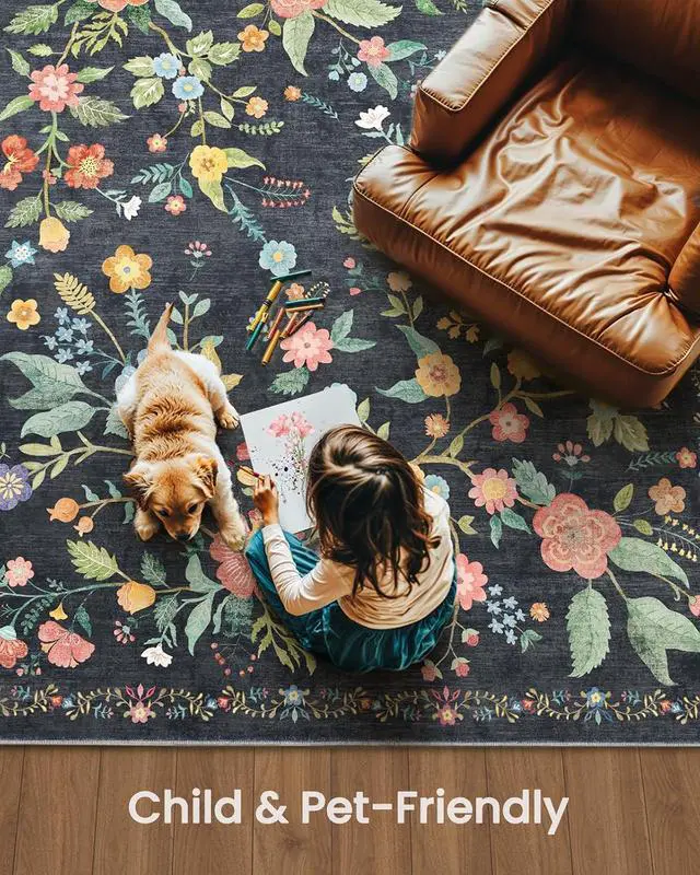 Alt view image 6 of 7 - Amada 8x10 Area Rugs, Non-Slip & Low-Profile Large Area Rug with Reinforced Edge Binding, Washable Soft Boho Floral Rugs for Living Room, Bedroom, Dining Room
