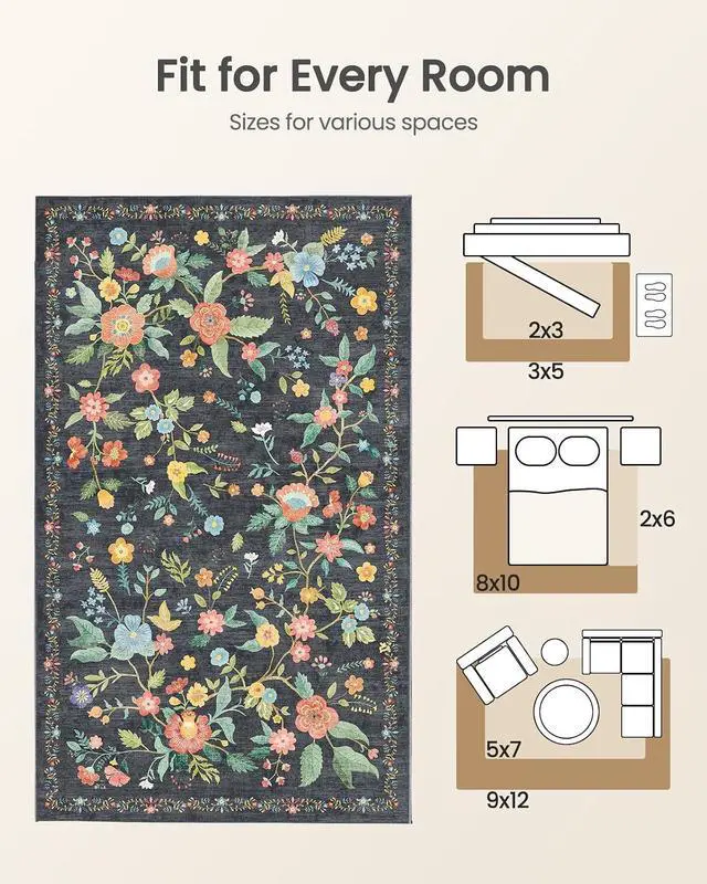 Alt view image 7 of 7 - Amada 8x10 Area Rugs, Non-Slip & Low-Profile Large Area Rug with Reinforced Edge Binding, Washable Soft Boho Floral Rugs for Living Room, Bedroom, Dining Room