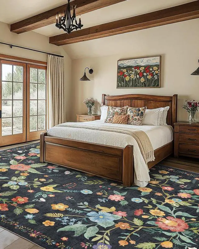 Alt view image 2 of 7 - Amada 8x10 Area Rugs, Non-Slip & Low-Profile Large Area Rug with Reinforced Edge Binding, Washable Soft Boho Floral Rugs for Living Room, Bedroom, Dining Room