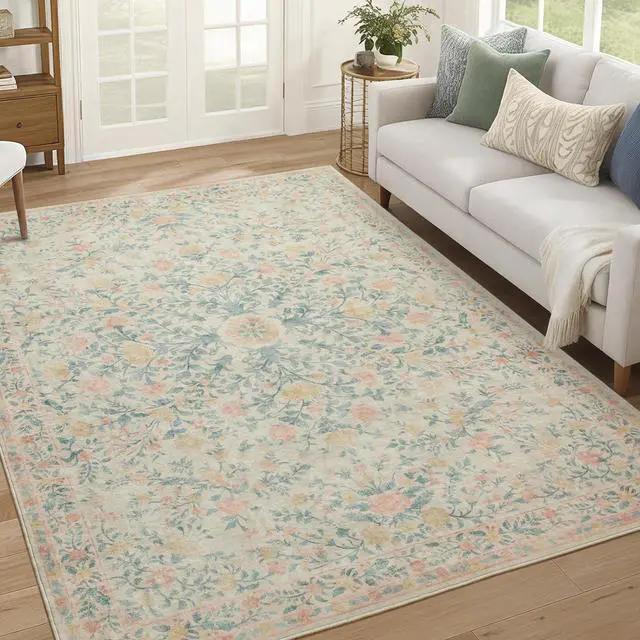 Main image of AMADA HOMEFURNISHING 6x9 Area Rugs, Washable Low-Profile Large Living Room Rug with Non-Slip Backing & Durable Edge Binding, Soft Vintage Rug for Bedroom, Dinning Room, Home Office