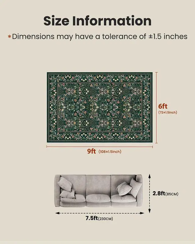 Alt view image 2 of 7 - AMADA HOMEFURNISHING 6x9 Area Rugs, Non-Slip & Low-Profile Living Room Rug with Durable Edge Binding, Soft Large Washable Floral Rug for Living Room, Bedroom, Dining Room
