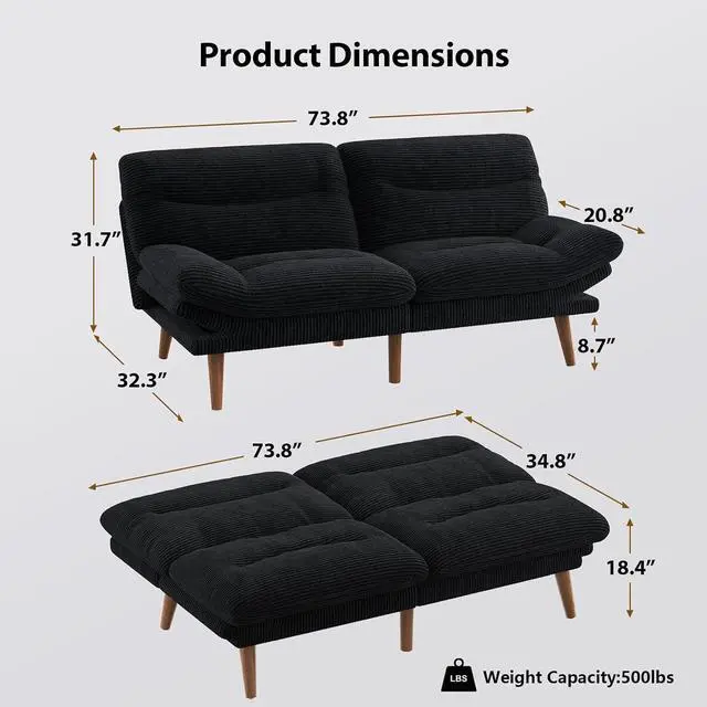 Alt view image 3 of 7 - Pipishell Futon Sofa Bed, Modern 66" Futon Couch Convertible to Bed & Lounger, Compact Size, Corduroy Loveseat, Durable Construction - Fits Small Spaces, Apartments,Study Room(Ink Black, 66 Inch)