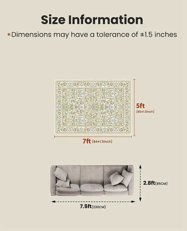Alt view image 2 of 7 - AMADA HOMEFURNISHING 5x7 Area Rug, Washable Living Room Rug with Non-Slip Backing, Low Pile and Durable Edge Binding, Vintage Soft Floral Rugs for Living Room, Bedroom, Dining Room