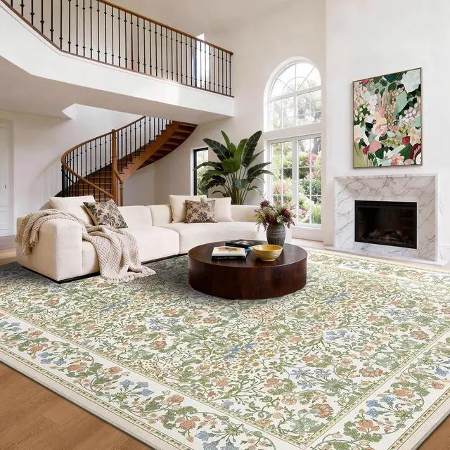 Alt view image 2 of 7 - AMADA HOMEFURNISHING 8x10 Washable Area Rugs for Living Room, Non-Slip & Low-Profile Floral Large Area Rug with Durable Edge Binding, Soft Rugs for Living Room, Bedroom, Dining Room