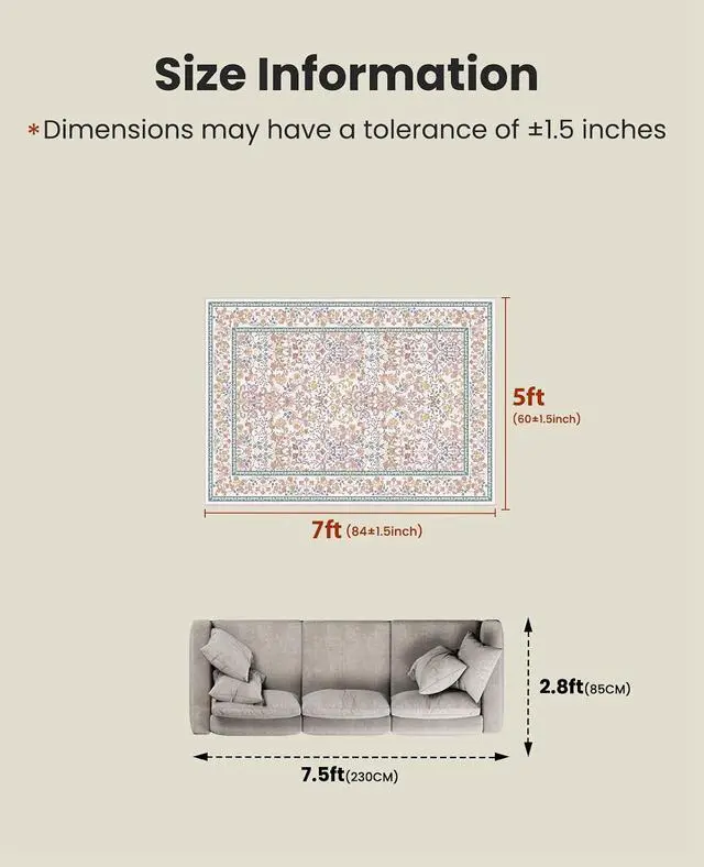 Alt view image 2 of 7 - AMADA HOMEFURNISHING 5x7 Area Rug, Washable Living Room Rug with Non-Slip Backing, Low Pile and Durable Edge Binding, Vintage Soft Floral Rugs for Living Room, Bedroom, Dining Room