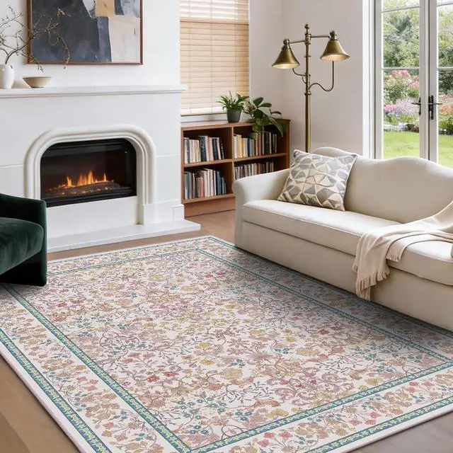 Main image of AMADA HOMEFURNISHING 5x7 Area Rug, Washable Living Room Rug with Non-Slip Backing, Low Pile and Durable Edge Binding, Vintage Soft Floral Rugs for Living Room, Bedroom, Dining Room