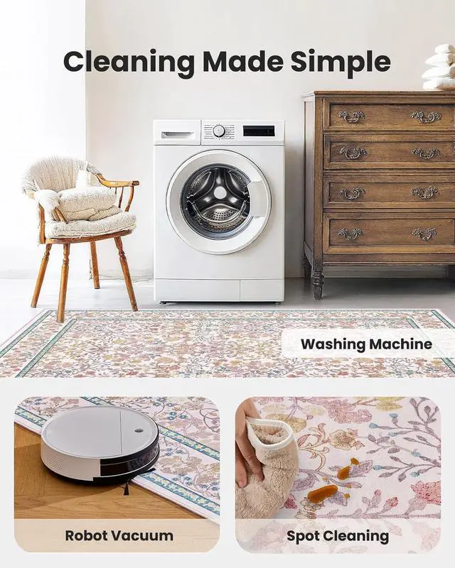 Alt view image 5 of 7 - AMADA HOMEFURNISHING 5x7 Area Rug, Washable Living Room Rug with Non-Slip Backing, Low Pile and Durable Edge Binding, Vintage Soft Floral Rugs for Living Room, Bedroom, Dining Room