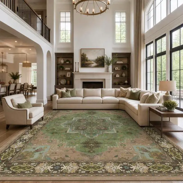Alt view image 2 of 7 - AMADA HOMEFURNISHING 9x12 Area Rug for Living Room, Vintage Washable Area Rug Low-Pile & Non-Slip Carpet for Bedroom Dining Room Nursery Home Office, Green