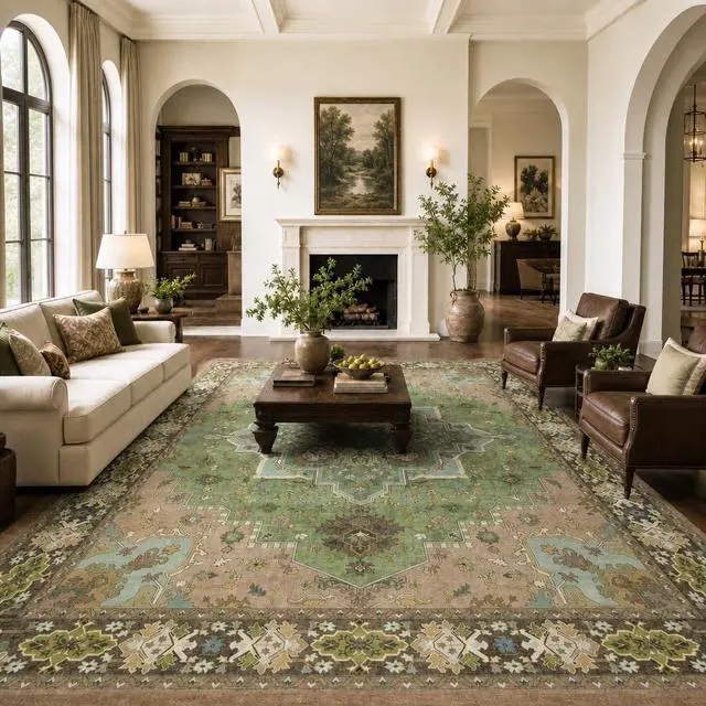 Alt view image 4 of 7 - AMADA HOMEFURNISHING 9x12 Area Rug for Living Room, Vintage Washable Area Rug Low-Pile & Non-Slip Carpet for Bedroom Dining Room Nursery Home Office, Green