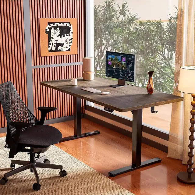 Alt view image 2 of 7 - ErGear Height Adjustable Electric Executive Standing Desk with Dual File Cabinet, 55 x 28 Inches Sit Stand up Desk, 4 Memory Computer Home Office Desk with 2 Hooks, Walnut, 3 Packages