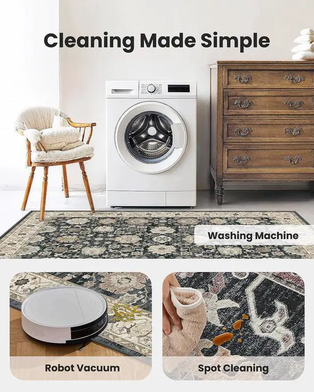Alt view image 5 of 7 - AMADA HOMEFURNISHING 9x12 Area Rug for Living Room, Vintage Washable Area Rug Low-Pile & Non-Slip Carpet for Bedroom Dining Room Nursery Home Office, Black/Brown