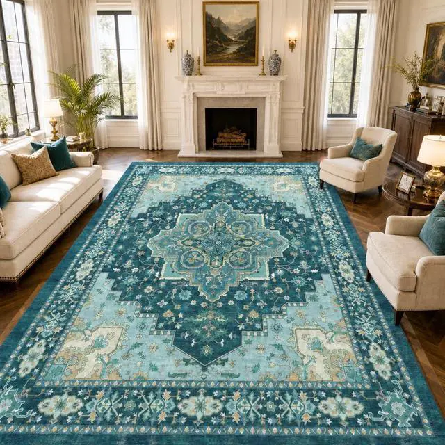 Alt view image 2 of 7 - AMADA HOMEFURNISHING 8x10 Area Rug for Living Room, Vintage Washable Area Rug Low-Pile & Non-Slip Carpet for Bedroom Dining Room Nursery Home Office, Teal Blue