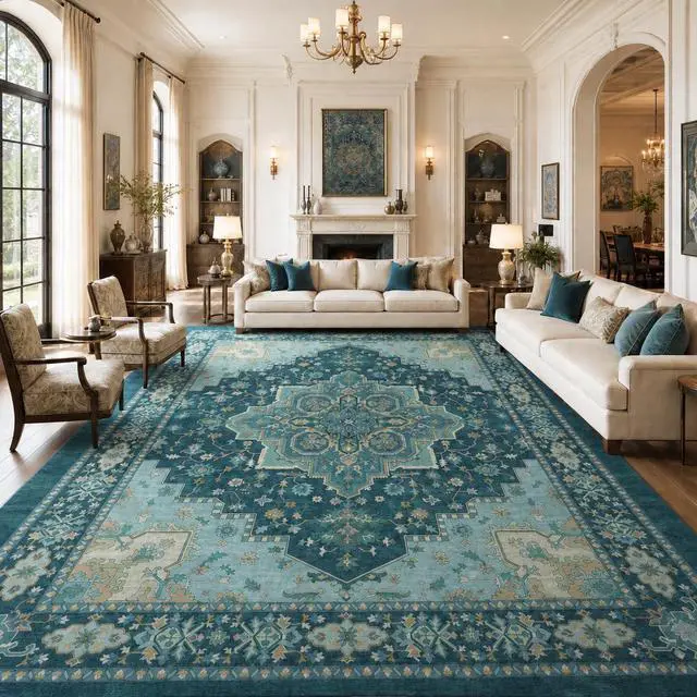 Alt view image 3 of 7 - AMADA HOMEFURNISHING 8x10 Area Rug for Living Room, Vintage Washable Area Rug Low-Pile & Non-Slip Carpet for Bedroom Dining Room Nursery Home Office, Teal Blue