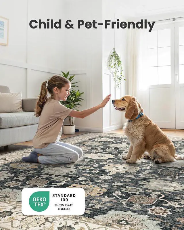 Alt view image 7 of 7 - AMADA HOMEFURNISHING 9x12 Area Rug for Living Room, Vintage Washable Area Rug Low-Pile & Non-Slip Carpet for Bedroom Dining Room Nursery Home Office, Black/Brown