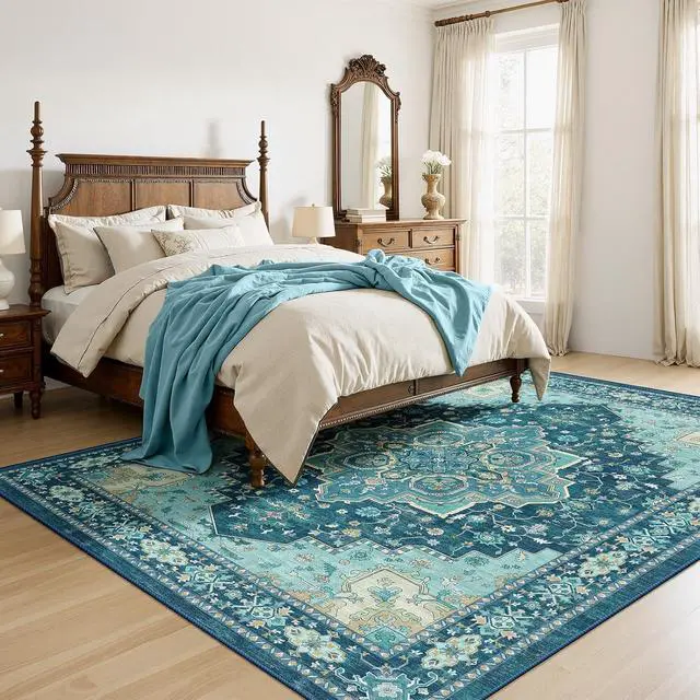 Alt view image 4 of 7 - AMADA HOMEFURNISHING 8x10 Area Rug for Living Room, Vintage Washable Area Rug Low-Pile & Non-Slip Carpet for Bedroom Dining Room Nursery Home Office, Teal Blue