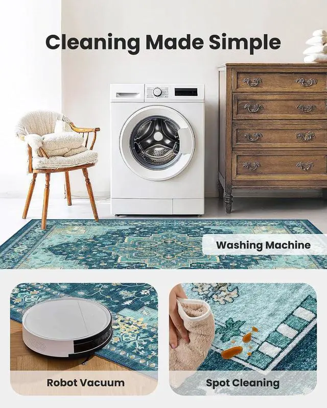 Alt view image 6 of 7 - AMADA HOMEFURNISHING 8x10 Area Rug for Living Room, Vintage Washable Area Rug Low-Pile & Non-Slip Carpet for Bedroom Dining Room Nursery Home Office, Teal Blue