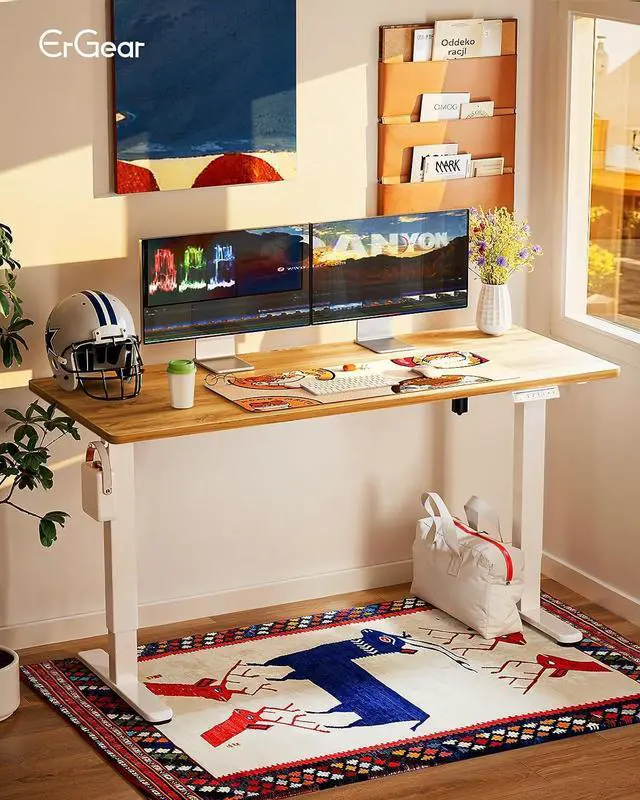 Alt view image 2 of 7 - ErGear Height Adjustable Electric Standing Desk, 55 x 28 Inches Sit Stand up Desk, Memory Computer Home Office Desk, Light Vintage Brown