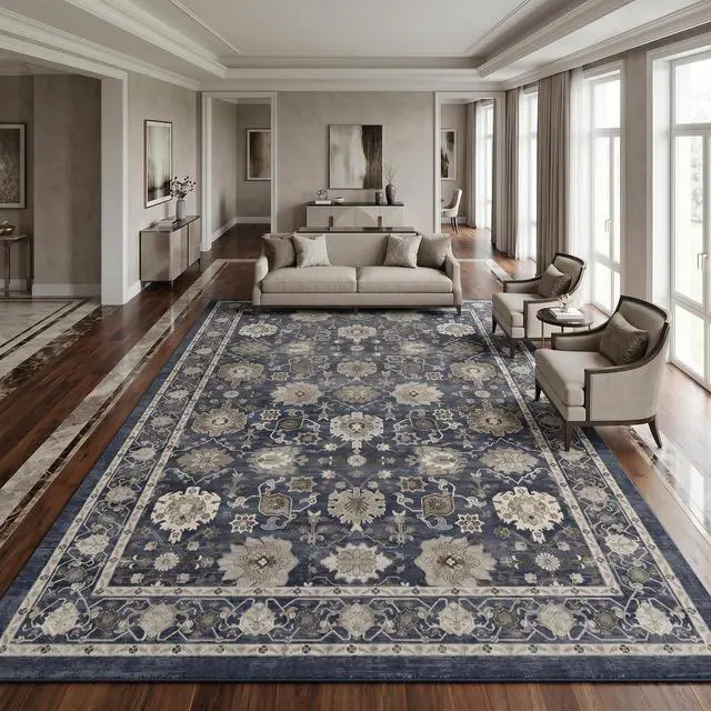 Main image of AMADA HOMEFURNISHING 9x12 Area Rug for Living Room, Vintage Washable Area Rug Low-Pile & Non-Slip Carpet for Bedroom Dining Room Nursery Home Office, Navy Blue/Brown