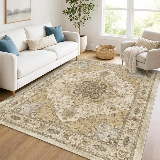 Alt view image 3 of 7 - AMADA HOMEFURNISHING 8x10 Area Rug for Living Room, Vintage Washable Area Rug Low-Pile & Non-Slip Carpet for Bedroom Dining Room Nursery Home Office, Beige/Cream