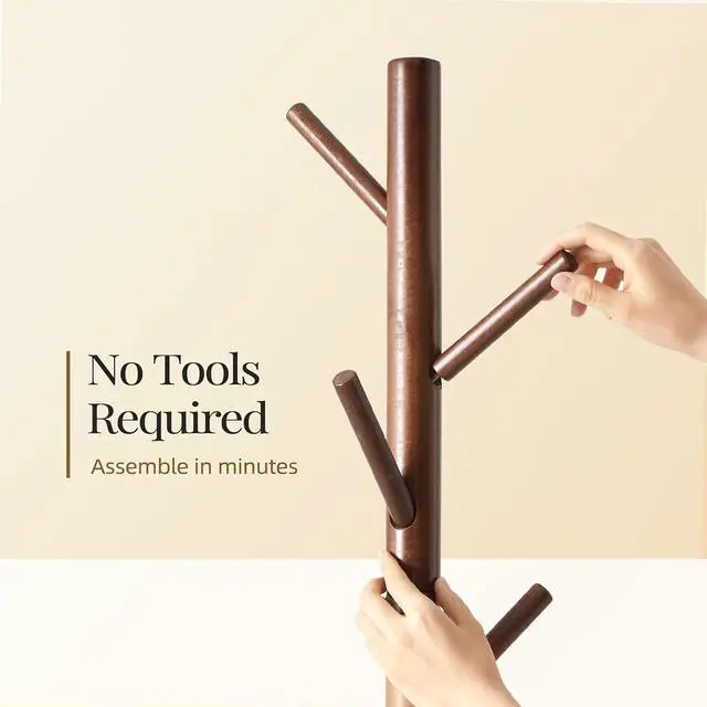 Alt view image 5 of 7 - Pipishell Solid Wooden Coat Rack Freestanding, Hall Tree with 8 Hooks, 3 Height Options for Coats, Hats, Handbags, and Scarves, Tool-Free Assembly, Space Saving Design for Entryway, Office, Bedroom