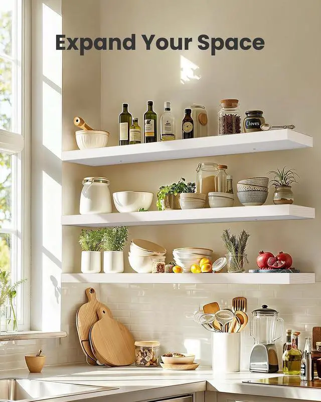 Alt view image 3 of 7 - AMADA HOMEFURNISHING 47.2" L Floating Shelves, Wall Shelves Set of 3 for Bathroom/Living Room/Bedroom/Kitchen, White Floating Shelves for Wall Decor with Invisible Brackets - AMFS55W
