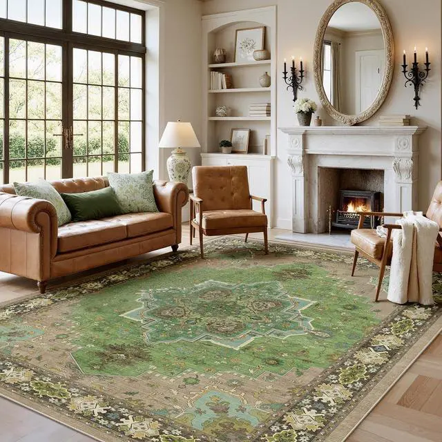 Main image of AMADA HOMEFURNISHING 6x9 Area Rug for Living Room, Vintage Washable Area Rug Low-Pile & Non-Slip Carpet for Bedroom Dining Room Nursery Home Office, Green