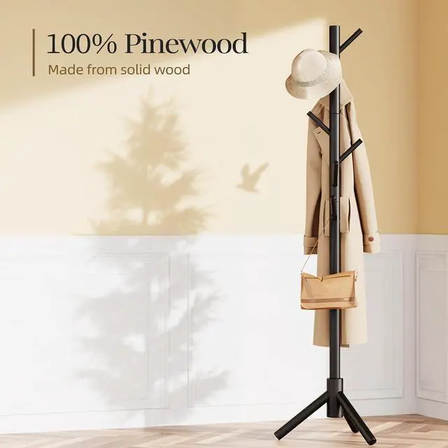 Alt view image 4 of 7 - Pipishell Solid Wooden Coat Rack Freestanding, Hall Tree with 8 Hooks, 3 Height Options for Coats, Hats, Handbags, and Scarves, Tool-Free Assembly, Space Saving Design for Entryway, Office, Bedroom