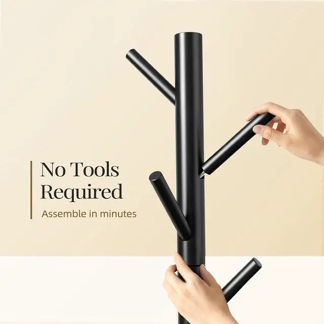 Alt view image 5 of 7 - Pipishell Solid Wooden Coat Rack Freestanding, Hall Tree with 8 Hooks, 3 Height Options for Coats, Hats, Handbags, and Scarves, Tool-Free Assembly, Space Saving Design for Entryway, Office, Bedroom