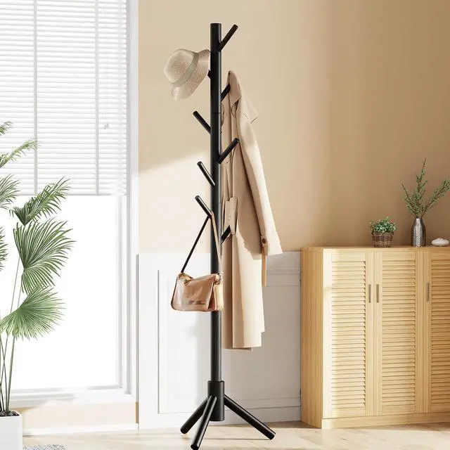 Alt view image 7 of 7 - Pipishell Solid Wooden Coat Rack Freestanding, Hall Tree with 8 Hooks, 3 Height Options for Coats, Hats, Handbags, and Scarves, Tool-Free Assembly, Space Saving Design for Entryway, Office, Bedroom