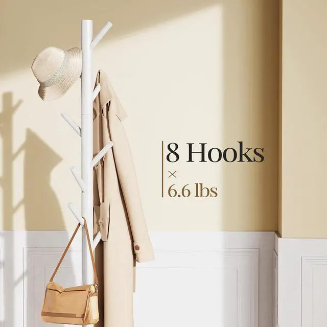 Alt view image 2 of 7 - Pipishell Solid Wooden Coat Rack Freestanding, Hall Tree with 8 Hooks, 3 Height Options for Coats, Hats, Handbags, and Scarves, Tool-Free Assembly, Space Saving Design for Entryway, Office, Bedroom
