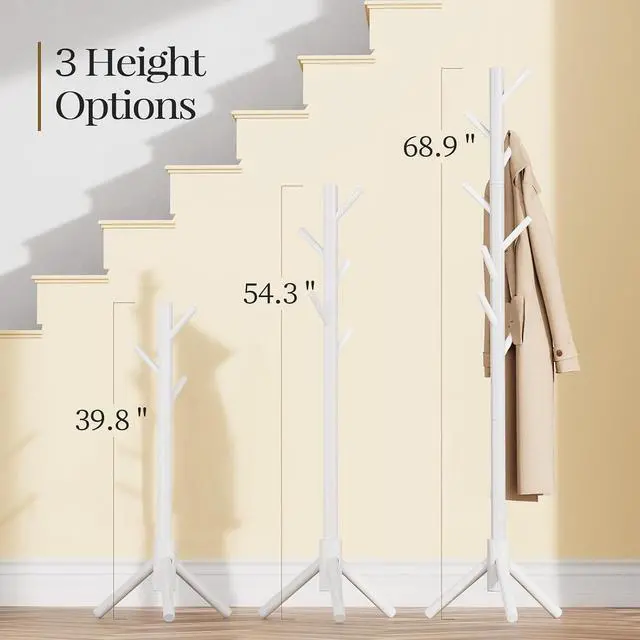 Alt view image 3 of 7 - Pipishell Solid Wooden Coat Rack Freestanding, Hall Tree with 8 Hooks, 3 Height Options for Coats, Hats, Handbags, and Scarves, Tool-Free Assembly, Space Saving Design for Entryway, Office, Bedroom