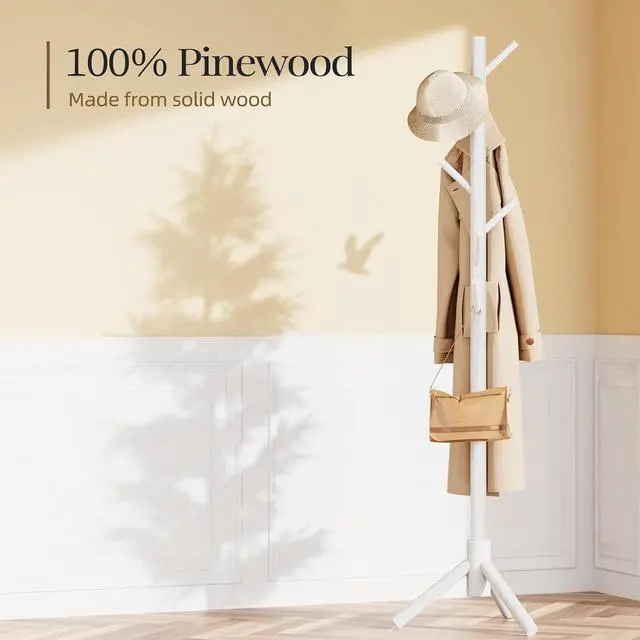 Alt view image 4 of 7 - Pipishell Solid Wooden Coat Rack Freestanding, Hall Tree with 8 Hooks, 3 Height Options for Coats, Hats, Handbags, and Scarves, Tool-Free Assembly, Space Saving Design for Entryway, Office, Bedroom