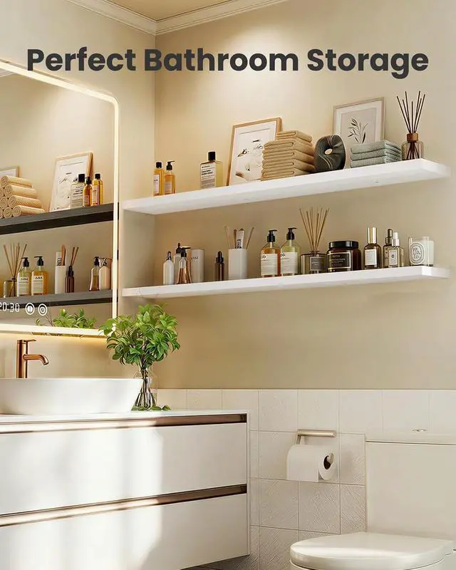 Alt view image 6 of 7 - AMADA HOMEFURNISHING 47.2" L Floating Shelves, Wall Shelves Set of 3 for Bathroom/Living Room/Bedroom/Kitchen, White Floating Shelves for Wall Decor with Invisible Brackets - AMFS55W