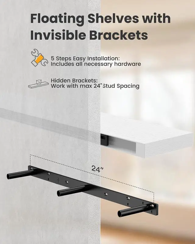 Alt view image 7 of 7 - AMADA HOMEFURNISHING 47.2" L Floating Shelves, Wall Shelves Set of 3 for Bathroom/Living Room/Bedroom/Kitchen, White Floating Shelves for Wall Decor with Invisible Brackets - AMFS55W