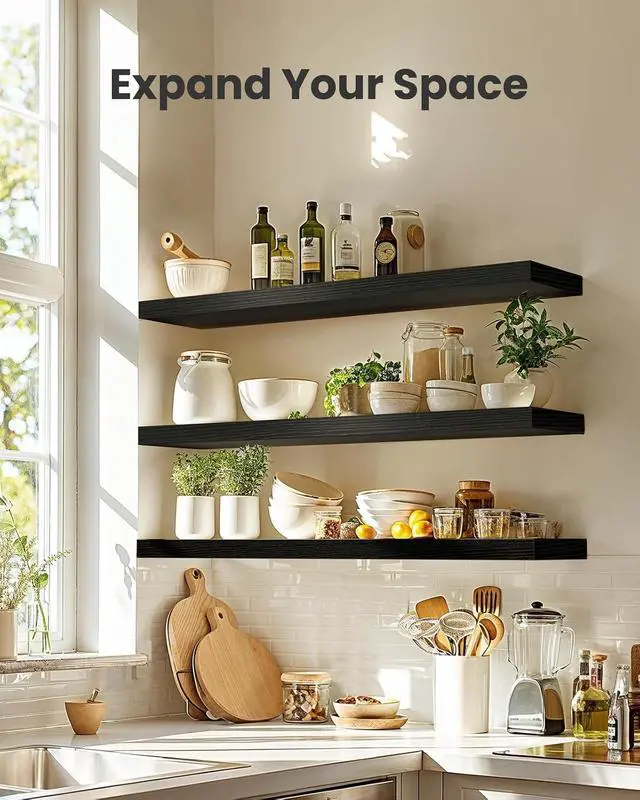 Alt view image 6 of 7 - AMADA HOMEFURNISHING Floating Shelves for Wall, Wall Shelves for Living Room, Bedroom, Bathroom, Kitchen & Home Office Organization, Bathroom Shelves with Hidden Brackets, 22 lbs Max Load, AMFS44B