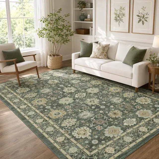 Alt view image 2 of 7 - AMADA HOMEFURNISHING 8x10 Area Rug for Living Room, Vintage Washable Area Rug Low-Pile & Non-Slip Carpet for Bedroom Dining Room Nursery Home Office, Olive Green