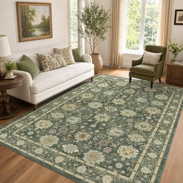 Alt view image 3 of 7 - AMADA HOMEFURNISHING 8x10 Area Rug for Living Room, Vintage Washable Area Rug Low-Pile & Non-Slip Carpet for Bedroom Dining Room Nursery Home Office, Olive Green